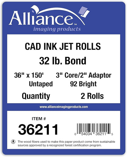 Alliance Wide Format Paper CAD Bond Rolls (32lb | 2 Rolls, 36 In x 150 Ft | 3" Core)