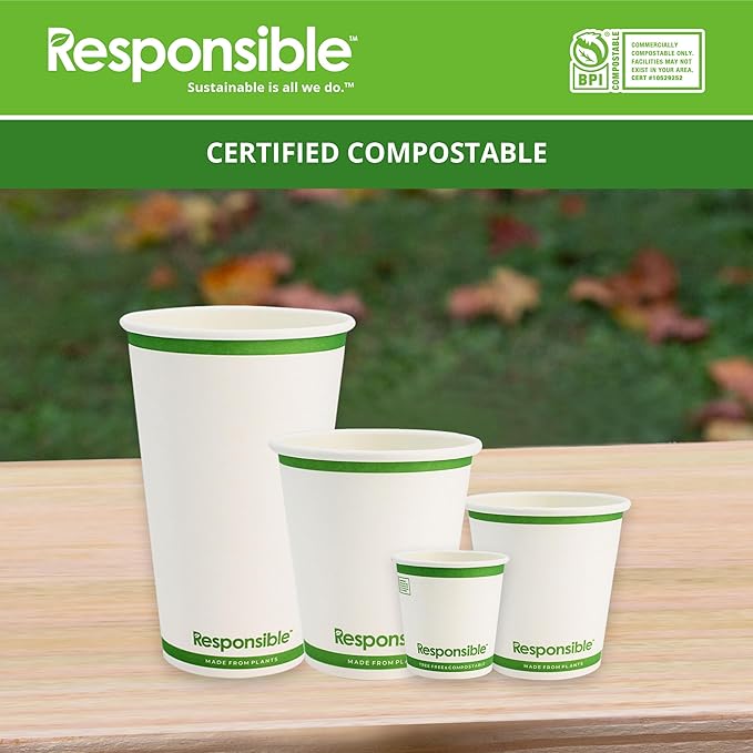 Responsible Products Certified Compostable 4 oz Paper Cups, Cold ＆ Hot Coffee Cups, Disposable Paper Cups, Extra Strength Disposable Cups, Made without PFAS (50 count)