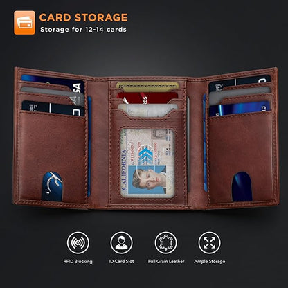 SERMAN BRANDS Trifold Wallet for Men - RFID Blocking Full Grain Leather, 11 Card Slots & ID Window, Slim Everyday Carry, Durable Stitching, Gift for Him