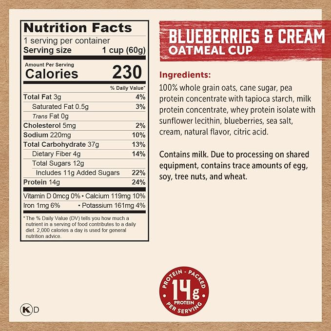 Kodiak Instant Oatmeal Cups, Blueberries & Cream, High Protein, 100% Whole Grains, (12 cups)