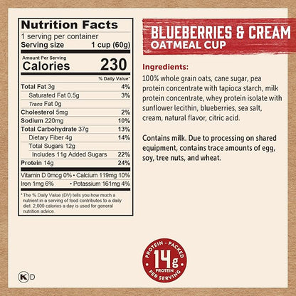 Kodiak Instant Oatmeal Cups, Blueberries & Cream, High Protein, 100% Whole Grains, (12 cups)