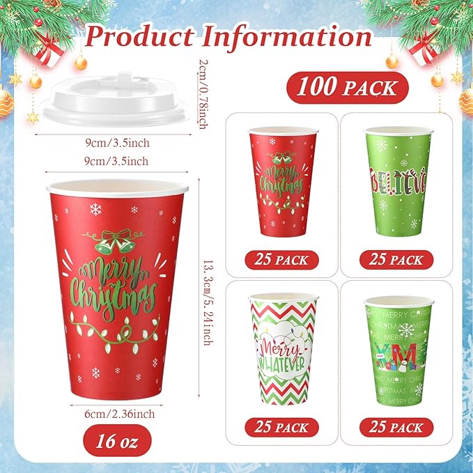 CHENGU 100 Set 16 oz Christmas Disposable Coffee Cups with Lids Lime Green Christmas Paper Cups for Hot Cocoa Chocolate Tea Green Elf Holiday Xmas Dinner Party Supplies