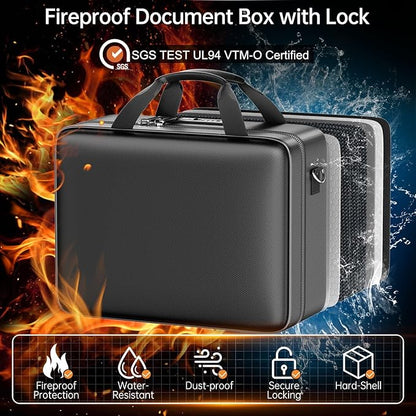 ENGPOW Fireproof Document Box with Lock, Fireproof Water Resistant Hard Case File Organizer Safe Box with Multi Pockets, Protects Important Documents Certificates Laptop Passports (Black)
