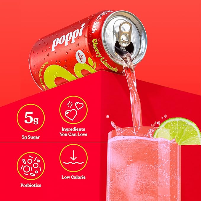 Poppi Sparkling Prebiotic Soda Beverage with Apple Cider Vinegar, Seltzer Water and Fruit Juice, Cherry Limeade Flavor, 12 Fl Oz, Pack of 12, Packaging May Vary