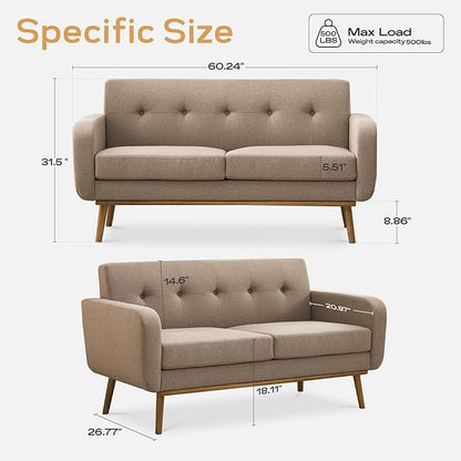 HUIMO Living Room Set, Button Tufted Living Room Furniture Sets, Upholstered Modern Couch Set with Solid Frame, Deep Seat Sofa Set for Living Room, Office (Brown, 2 Piece Set-loveseat+Chair)