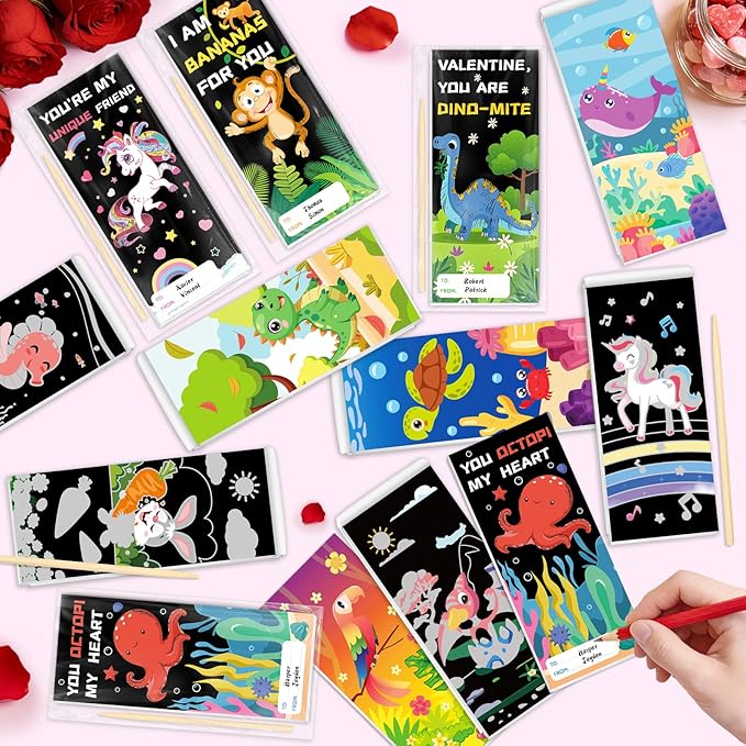 SpringFlower Valentines Day Gifts for Kids, 24 Pack Scratch Art Books Valentines Day Gifts for Kid Classroom School Exchange, Valentines Scratch Art Crafts Kits Bulk Party Favors Prizes for Boys Girls