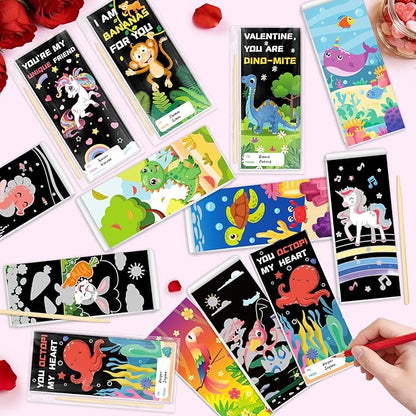 SpringFlower Valentines Day Gifts for Kids, 24 Pack Scratch Art Books Valentines Day Gifts for Kid Classroom School Exchange, Valentines Scratch Art Crafts Kits Bulk Party Favors Prizes for Boys Girls