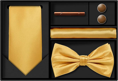 TIE G 5pcs Tie Set in WHITE OR BLACK GIFT BOX: Solid Color Necktie, Satin Bow Tie, Pocket Square, Lapel, Cuff Links