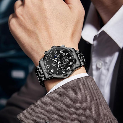 OLEVS Mens Stainless Steel Chronograph Watch, Big Face Roman Numerals Date Analog Quartz Dress Watches for Men, Fashion Multifunctional Waterproof Luminous Hands Men's Wristwatch