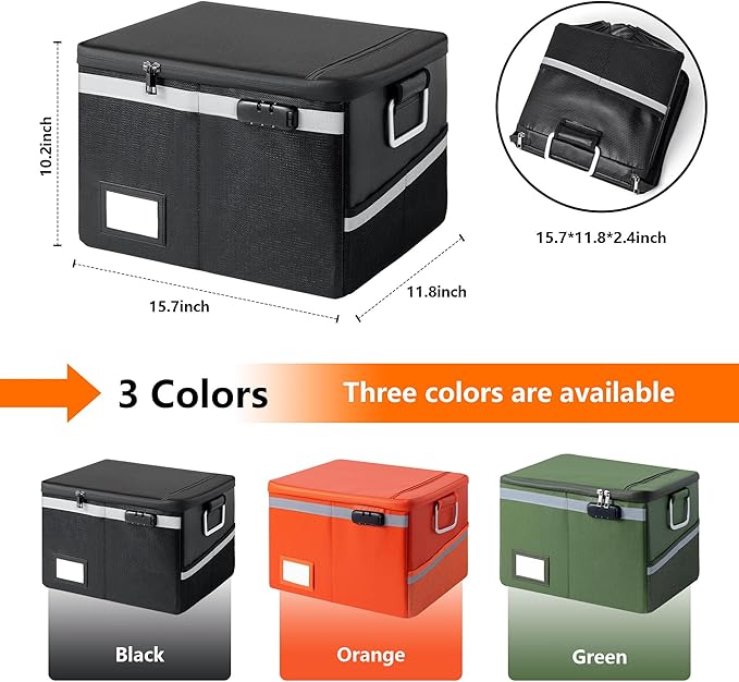 Fireproof Document Box,Portable File Organizer with Lock,Water-Resistant Document Organizer Collapsible File Cabinets for Home Office Safe Storage Box for Hanging Letter/Legal Folders-Black