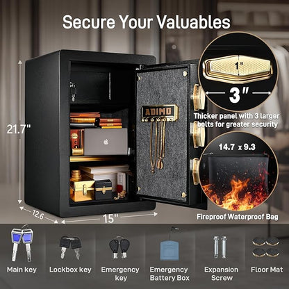 ADIMO Safe with Interior Drawer, 2.8 Cuft Heavy-Duty Steel Safe Box w/LCD Digital Screen, Diamond Reinforced Lock, Dual Alarm System w/Fireproof Waterproof Money Bag, Money Box of Documents Cash