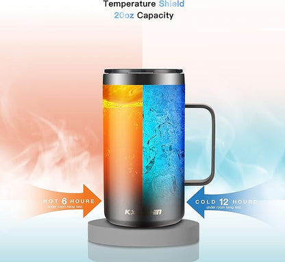 KXIAOCHEN 20oz Insulated Coffee Mug with Lid, Stainless Steel Coffee Cup, Double Wall Vacuum Coffee Tumbler with Handle, Premium Thermal Travel Coffee Mug (Silver grey)