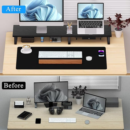 Aothia Large Dual Monitor Stand Riser - Monitor Stand For 2 Monitors, Monitor Stand With Drawer,Desk Shelf For Monitor, Wood Monitor Riser Stand with Storage Organize For Pc,Tv,Laptop,Screen (Black)