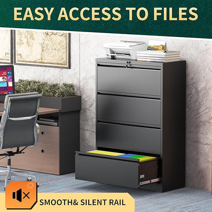 4 Drawer Lateral File Cabinet with Lock, Metal File Cabinets for Home Office, Steel Heavy-Duty Filing Storage Cabinet for Letters/Legal/A4 (Require Assembly, Black)