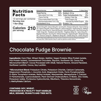 Huel Complete Nutrition Vegan Protein Bars | Fudge Brownie | 13g Protein | 27 Vitamins & Minerals, 2g Sugar, Non-GMO, 100% Plant Based Snack | 12 Pack