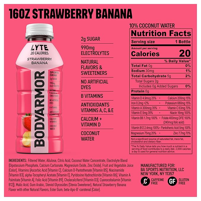 BODYARMOR LYTE Low-Calorie Sports Drink, Strawberry Banana, Coconut Water, Natural Flavors, Vitamins, Electrolytes, 16 Fl Oz (12 Pack)