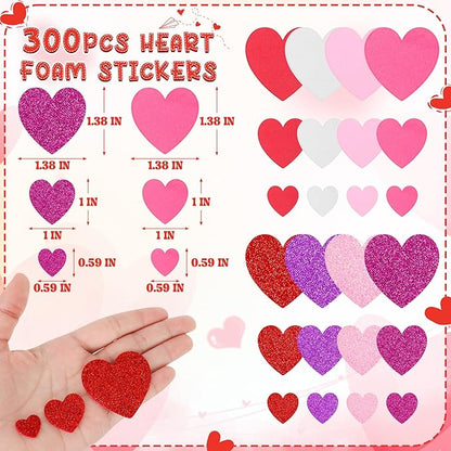 300 PCS Valentines Stickers, Heart Foam Valentine Decor, Self-Adhesive Heart Stickers, Glitter Matte Foam Hearts for Crafts Adults Valentine Stickers Wedding Birthday Cards DIY Crafts
