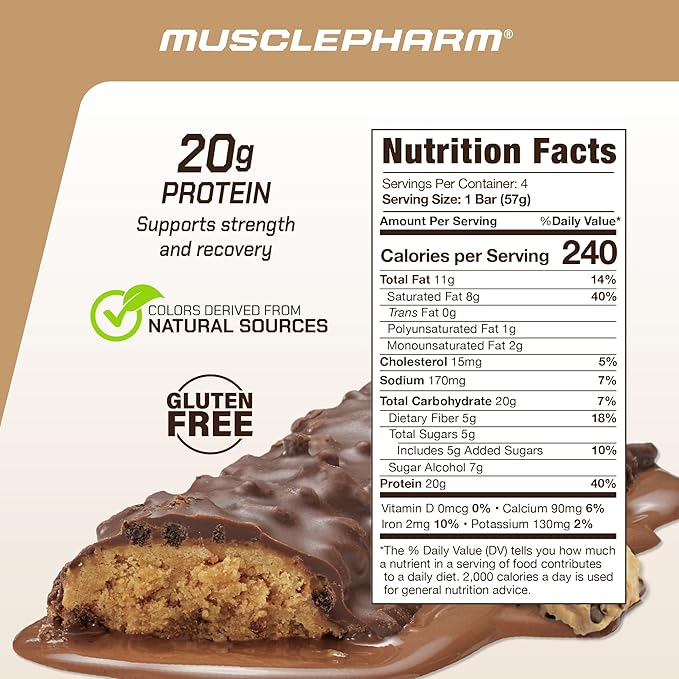 Muscle Pharm Combat Ready Chocolate Chip Cookie Dough Protein Bar,High Protein Bars,Combat Cravings,Fuel Performance & Meet Energy Demands,20g Protein from Whey Protein,5g Fiber,Gluten Free,4 Bars