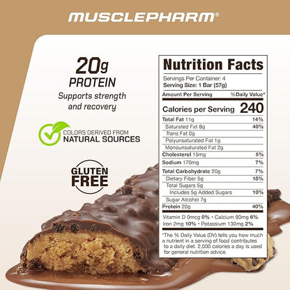 Muscle Pharm Combat Ready Chocolate Chip Cookie Dough Protein Bar,High Protein Bars,Combat Cravings,Fuel Performance & Meet Energy Demands,20g Protein from Whey Protein,5g Fiber,Gluten Free,4 Bars