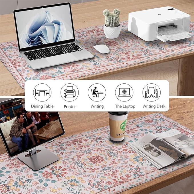 Pink Floral Patterns Desk Mat, Large Gaming Mouse Pad Non-Slip Rubber Base with Stitched Edges, Waterproof Protection for PC Laptop Home Office Desk Decor (31.5x11.8in)