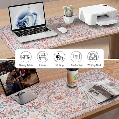Pink Floral Patterns Desk Mat, Large Gaming Mouse Pad Non-Slip Rubber Base with Stitched Edges, Waterproof Protection for PC Laptop Home Office Desk Decor (31.5x11.8in)