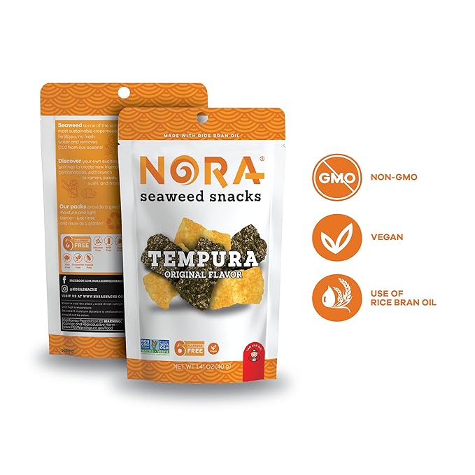 Original Tempura Seaweed Snacks by Nora, Thick Nori Sheets Snack Strips, Low-Carb Healthy Snacks for Adults, Asian Snacks, Vegan, Non-GMO, 6-Pack