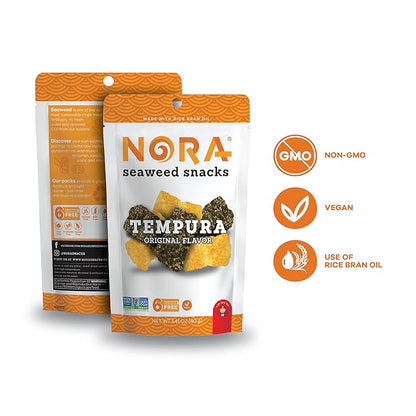 Original Tempura Seaweed Snacks by Nora, Thick Nori Sheets Snack Strips, Low-Carb Healthy Snacks for Adults, Asian Snacks, Vegan, Non-GMO, 6-Pack