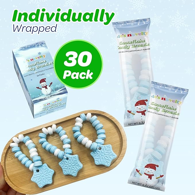 4E's Novelty Christmas Candy Bracelets - 30-Pack Snowflake Stretchable Bulk Candies Individually Wrapped, Fun Christmas Stocking Stuffers & Party Favor Candy for Kids, Blue & White Candies Bracelet
