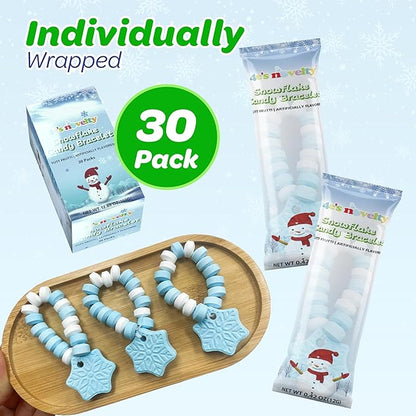 4E's Novelty Christmas Candy Bracelets - 30-Pack Snowflake Stretchable Bulk Candies Individually Wrapped, Fun Christmas Stocking Stuffers & Party Favor Candy for Kids, Blue & White Candies Bracelet