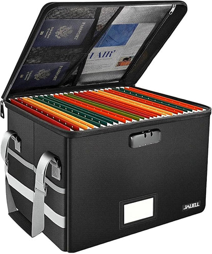 File Box with Lock - Fireproof Document Box File Organizer with Zipper & Adjustable Handle, Collapsible File Storage Box for Home Office, Filing Cabinet for Hanging Letter/Legal Folder