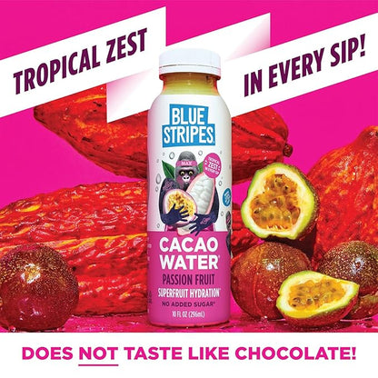 Blue Stripes Cacao Water - Cold Pressed Superfruit Hydration with Electrolytes & Antioxidants, No Sugar Added, All Natural, Great for Protein Shakes & Smoothies - Passion Fruit, 6 Pack