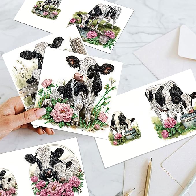 jinglinhh 12pcs Diamond Art Painting Flower Fence Cows Horses Greeting Cards with Envelopes, DIY Card Making Kits for Adults, Diamond Art Christmas Cards for Birthday Holiday Postcards Craft Gifts