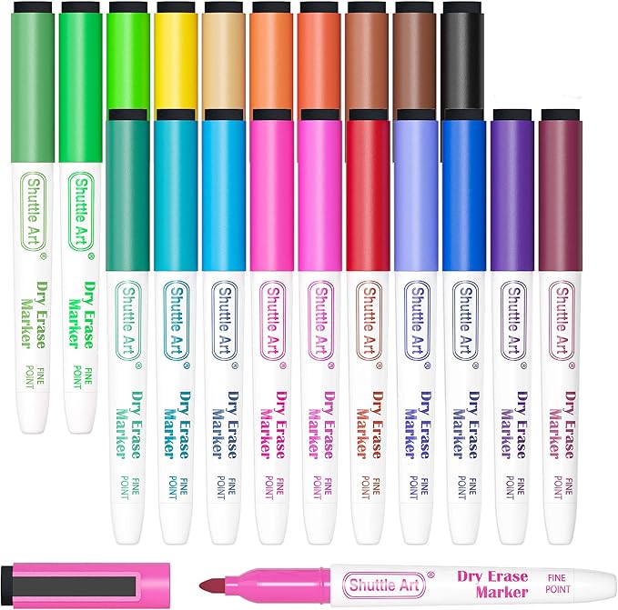 Shuttle Art Magnetic Whiteboard Markers, 20 Pieces Fine Tip and Eraser, Dry Erase Whiteboard Markers, for Writing on Whiteboards, Weekly Planner, Glass for School Office Home