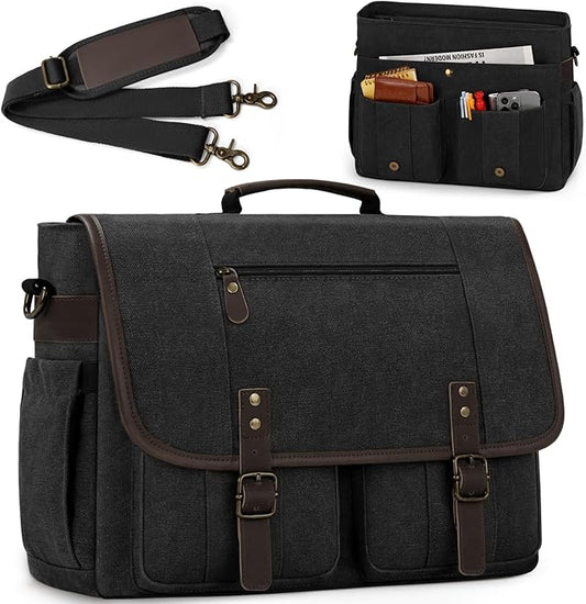 RAINSMORE Mens Messenger Bag 17-17.3 Inch Vintage Canvas Briefcase Water-resistant Large Computer Laptop Bag Rugged Satchel Shoulder Bag for Work Travel, Bookbag for College