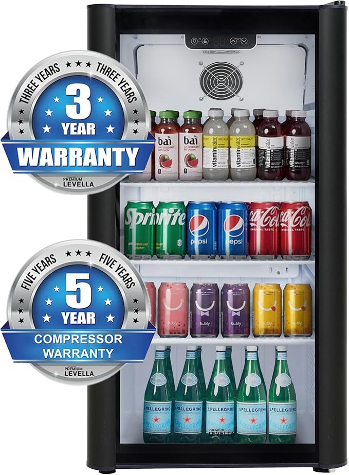 PremiumLevella PRF37DX Glass Door Display Refrigerator 3.1 cu ft Commercial Beverage Cooler Merchandiser - Black