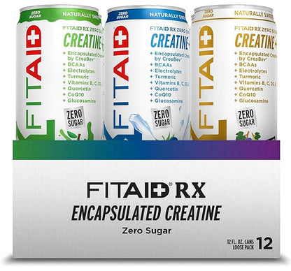 FITAID RX Zero Sugar, Encapsulated Creatine, Workout Recovery Drink, All-In-One Blend, BCAAs, Glucosamine, Turmeric, B-Complex, Electrolytes, Variety Pack, 12 Fl Oz (Pack of 12)