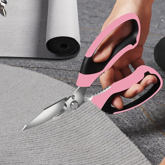 8-Inch Utility Scissors All Purpose Heavy Duty, Serrated Blade, Pink Comfort Grip for Cutting Carpet, Cardboard, Leather, Fabric, Multipurpose Sharp Shears for Kitchen, Garden, Office, Carft