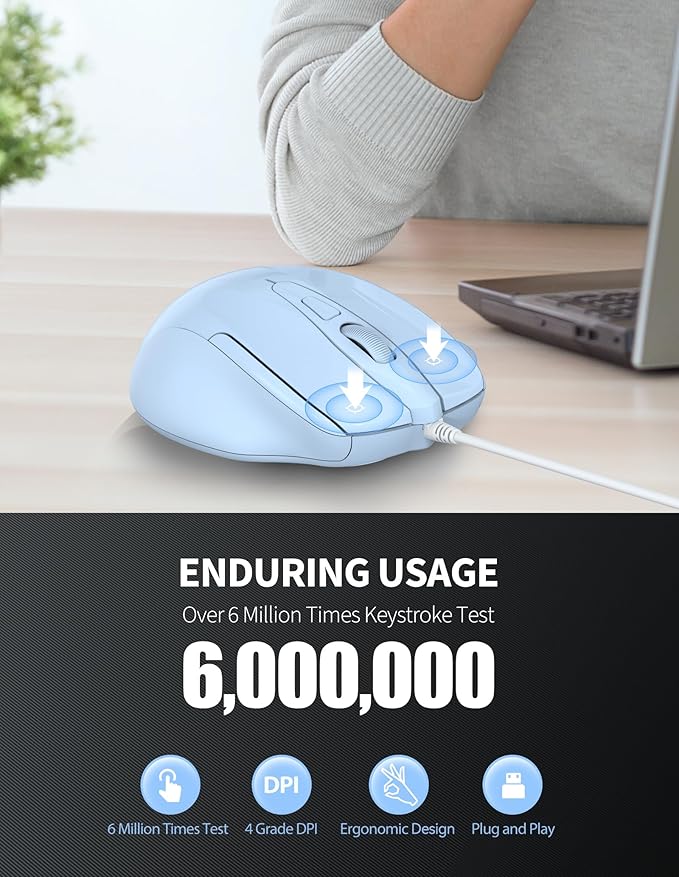 TECKNET Wired Mouse, 6-Button Corded with 4 Adjustable DPI, Optical Mouse with Ergonomic Design and 5FT Cord for Laptop, Chromebook, PC, Desktop, Mac, Notebook - LT.Blue