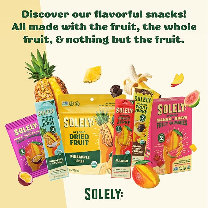 SOLELY - Organic Pineapple Fruit Jerky - 12 Individually Wrapped Strips - Fruit Leather Made from Dried Fruit - Healthy Snacks for Adults & Kids - Non GMO, Vegan Snacks - 0.8oz (23g)