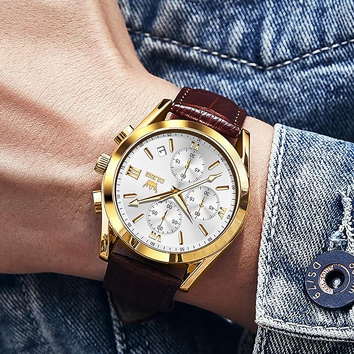 OLEVS Men's Chronograph Leather Watch, Big Face Easy to Read Analog Quartz Dress Watch, Casual Waterproof Luminous Hands Date Watches for Men, White/Blue/Black/Gold Dial