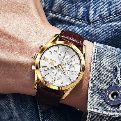 OLEVS Men's Chronograph Leather Watch, Big Face Easy to Read Analog Quartz Dress Watch, Casual Waterproof Luminous Hands Date Watches for Men, White/Blue/Black/Gold Dial