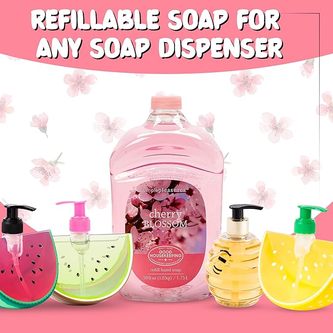 SIMPLE PLEASURES Premium Hand Soap Refills - Cherry Blossom Scent, 7.9 oz Bottle with Jumbo 59 oz Refill - Goodhousekeeping Seal Approved - Multiple Scents Available- Cherry Blossom Soap
