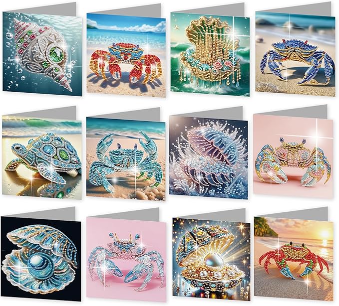 jinglinhh 12pcs Diamond Art Painting Beach Crab Seashell Conch Seaturtle Greeting Cards with Envelopes, DIY Card Making Kits for Adults, Diamond Art Postcards Christmas Cards Craft Gifts