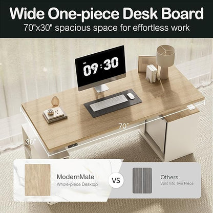 71" Standing Executive Desk with Privacy Panel, Large One-Piece Electric Height Adjustable Stand Up Desk with Charging Station, File Cabinet Storage, Home and Office, Light Walnut
