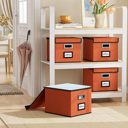Huolewa Portable File Organizer Box with Lid, Large Linen Hanging Office Document Storage Box with Lid, Collapsible Filing&Storage Box for Office/Decor/Home - 14.9 x 12.7 x 10.8 inch