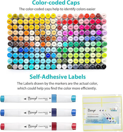 Bianyo 180 Colors Alcohol Markers Set, Dual Tip Fine & Chisel Markers for Adult Coloring, Drawing & Sketching, Popular Color Collection with Black Canvas Bag – High-Value Set for Artists
