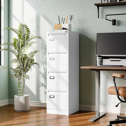 4 Drawer File Cabinet with Lock Metal Filling Cabinet Vertical Locking File Cabinets for Home Office to Hanging F4/A4 SizeA4 Legal/Letter Size, Assembly Required,White