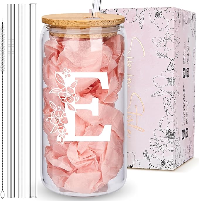Personalized Tumbler, Monogrammed Can Glass Cups with Bamboo Lids and Straws, Customized Gifts for Women, Cute Design Initial Iced Coffee glasses, Custom Letter Mug, Birthday Bridesmaid, E