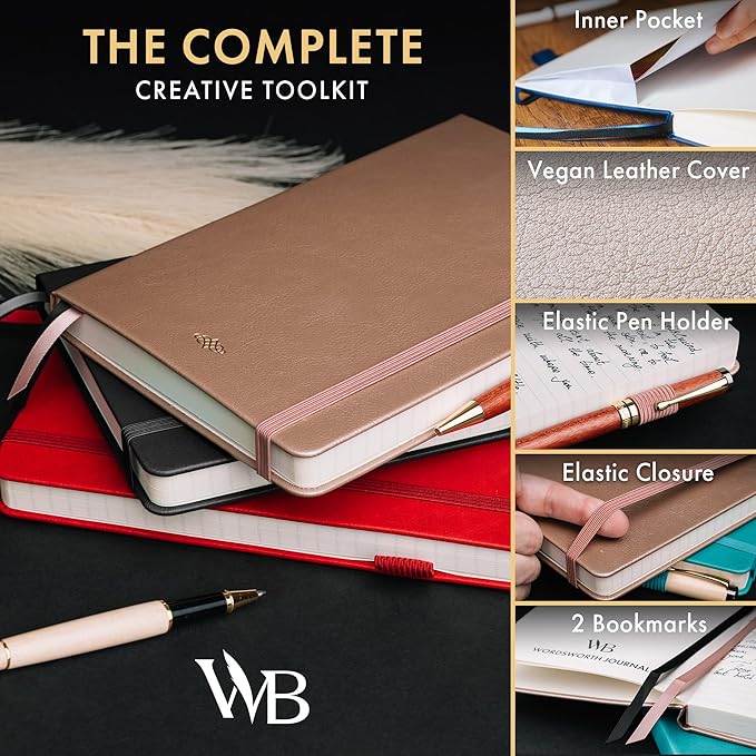 Wordsworth & Black A5 Lined Journal 216 Lined Pages, Hardcover Leather, 120 GSM Paper, Journaling Notebook for Work & Sketching, Journals for Women, Men - Gifts Box Included Red