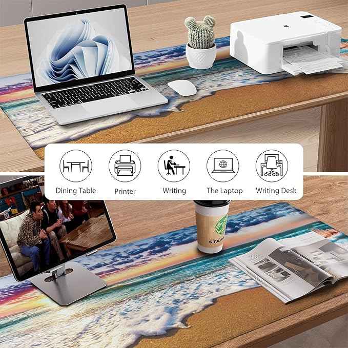 Sea and Beach Patterns Desk Mat, Large Gaming Mouse Pad Non-Slip Rubber Base with Stitched Edges, Waterproof Protection for PC Laptop Home Office Desk Decor (35.4x15.7in)